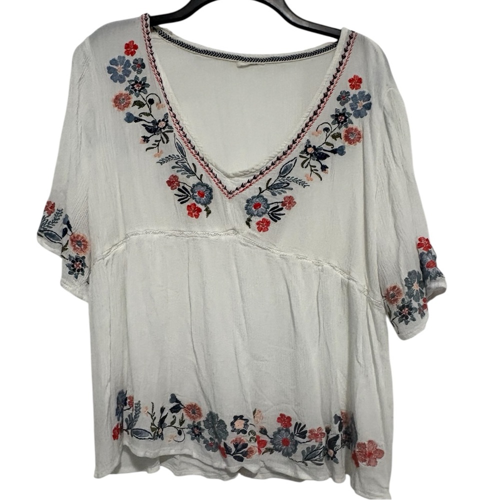 Embroidered V-Neck Womenβs Peasant Top - White with Coral & Blue Floral - Picture 4 of 7